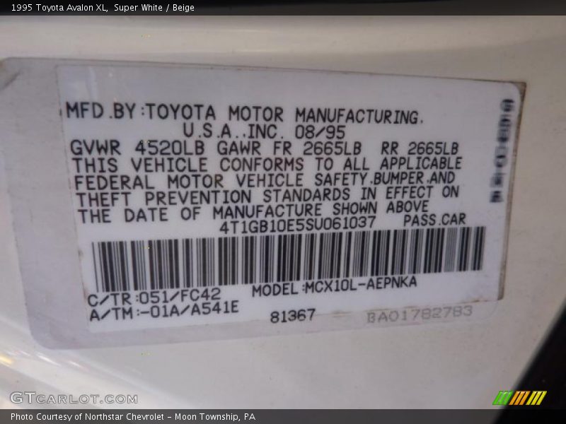 1995 Avalon XL Super White Color Code 051