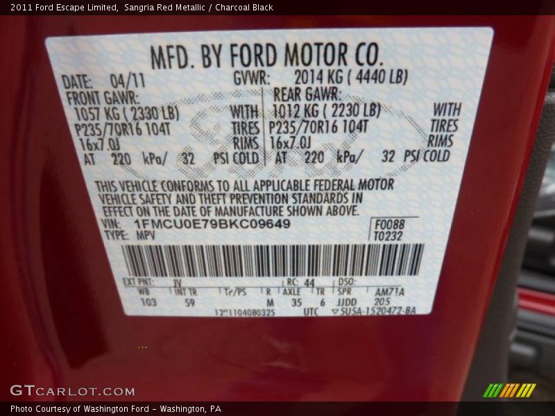 Sangria Red Metallic / Charcoal Black 2011 Ford Escape Limited