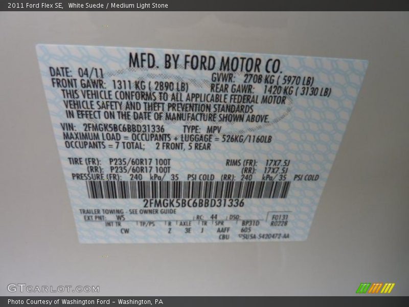 2011 Flex SE White Suede Color Code WS