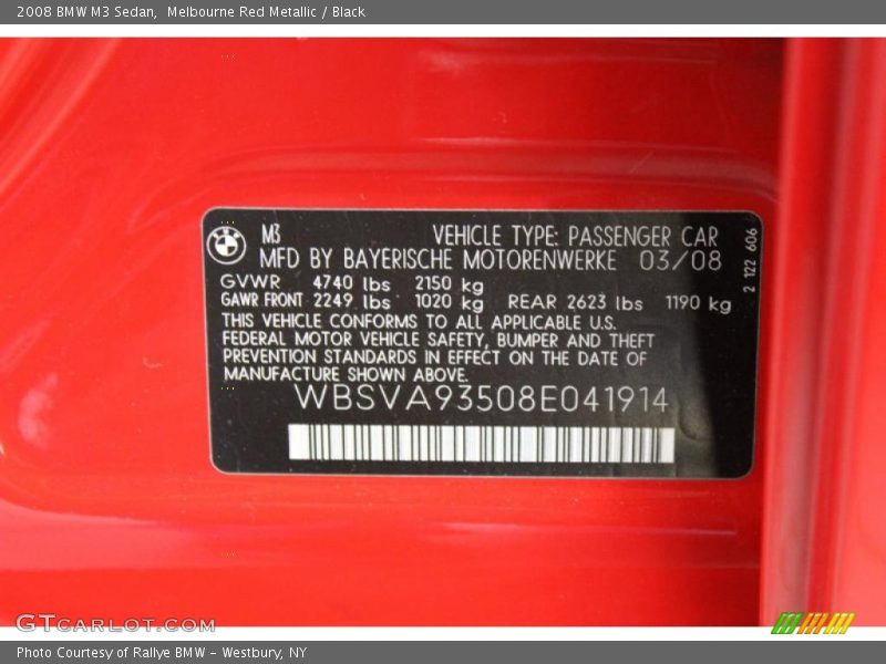 Info Tag of 2008 M3 Sedan