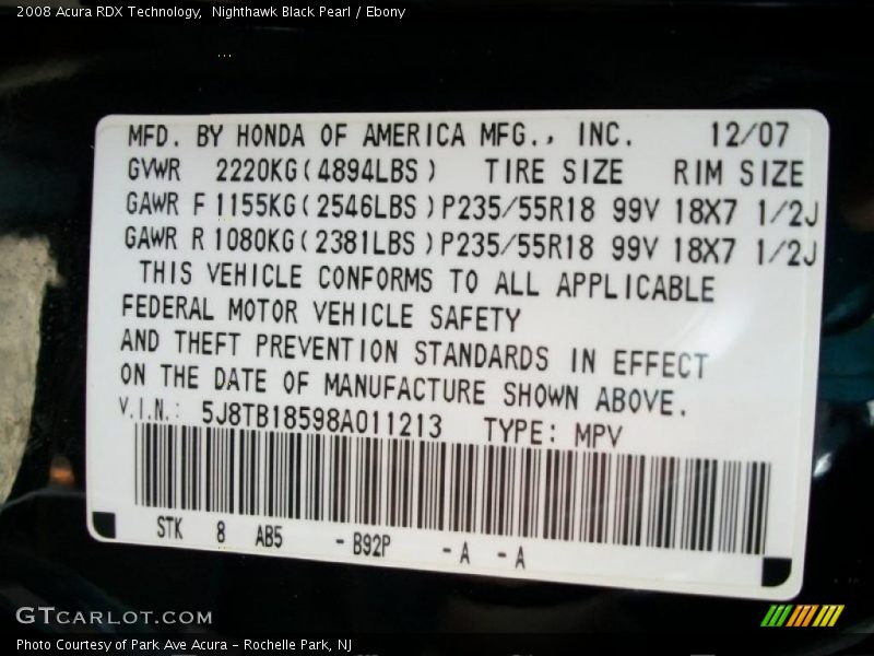 Nighthawk Black Pearl / Ebony 2008 Acura RDX Technology