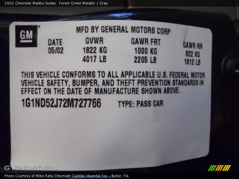 Forest Green Metallic / Gray 2002 Chevrolet Malibu Sedan