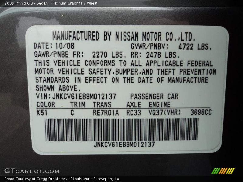 Platinum Graphite / Wheat 2009 Infiniti G 37 Sedan