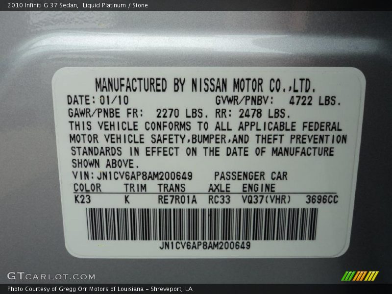 Liquid Platinum / Stone 2010 Infiniti G 37 Sedan
