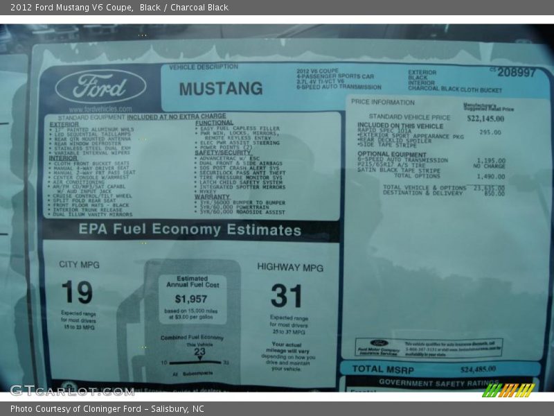  2012 Mustang V6 Coupe Window Sticker