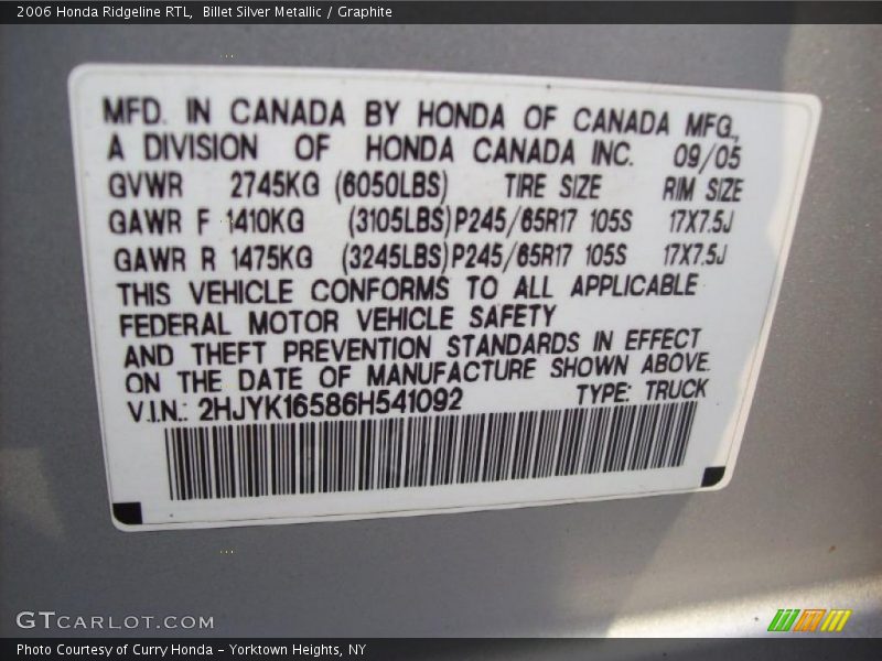 Billet Silver Metallic / Graphite 2006 Honda Ridgeline RTL