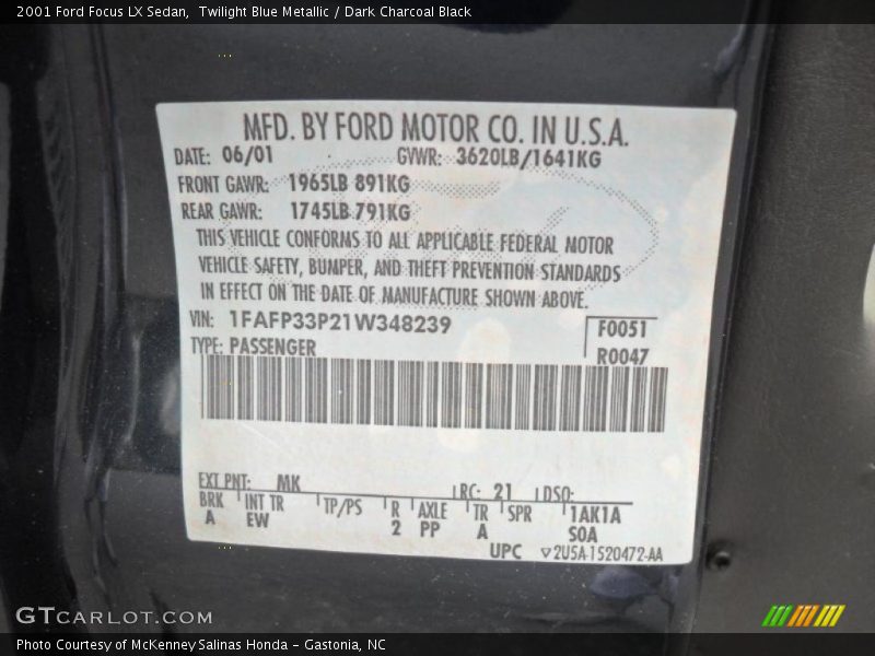 Twilight Blue Metallic / Dark Charcoal Black 2001 Ford Focus LX Sedan