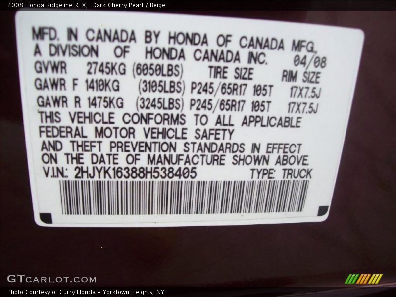 Dark Cherry Pearl / Beige 2008 Honda Ridgeline RTX