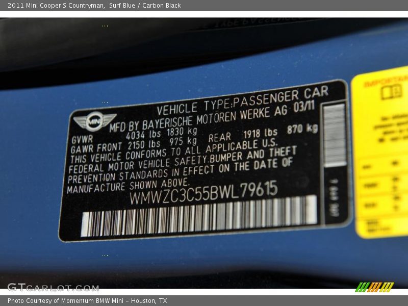 Info Tag of 2011 Cooper S Countryman