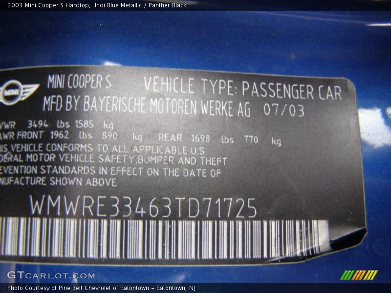 Indi Blue Metallic / Panther Black 2003 Mini Cooper S Hardtop