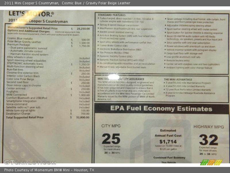 Cosmic Blue / Gravity Polar Beige Leather 2011 Mini Cooper S Countryman