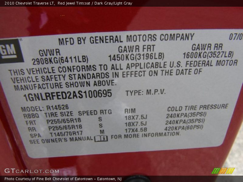 Red Jewel Tintcoat / Dark Gray/Light Gray 2010 Chevrolet Traverse LT