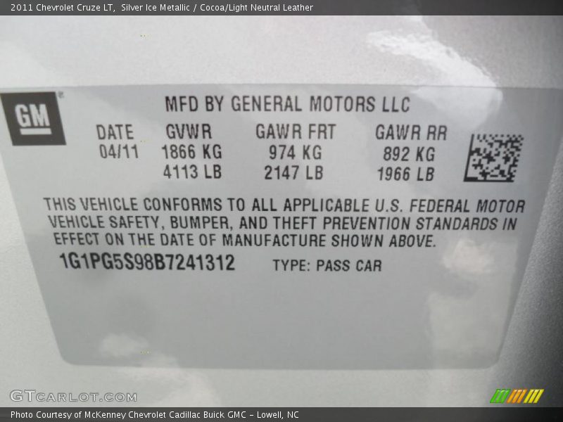 Silver Ice Metallic / Cocoa/Light Neutral Leather 2011 Chevrolet Cruze LT