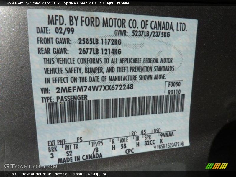 Spruce Green Metallic / Light Graphite 1999 Mercury Grand Marquis GS