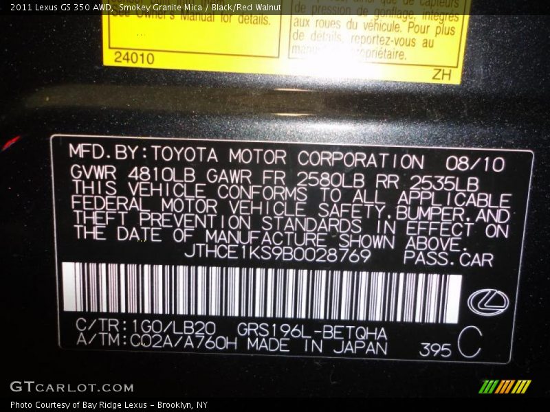 2011 GS 350 AWD Smokey Granite Mica Color Code 1G0