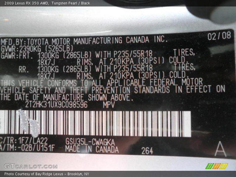 Tungsten Pearl / Black 2009 Lexus RX 350 AWD