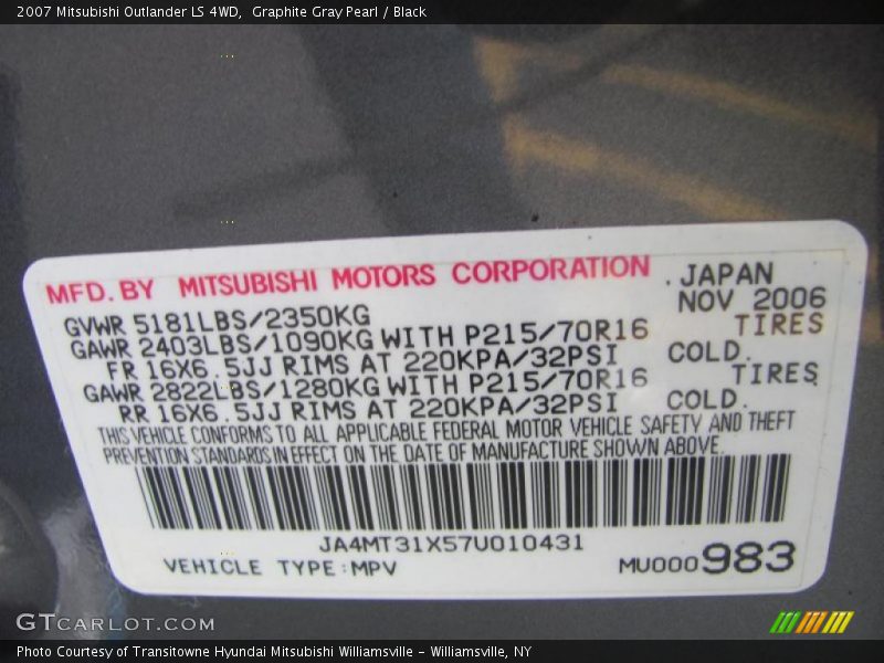 Graphite Gray Pearl / Black 2007 Mitsubishi Outlander LS 4WD