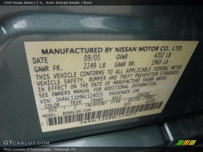 Mystic Emerald Metallic / Blond 2006 Nissan Altima 2.5 SL