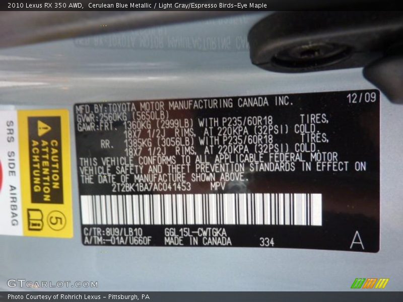Cerulean Blue Metallic / Light Gray/Espresso Birds-Eye Maple 2010 Lexus RX 350 AWD