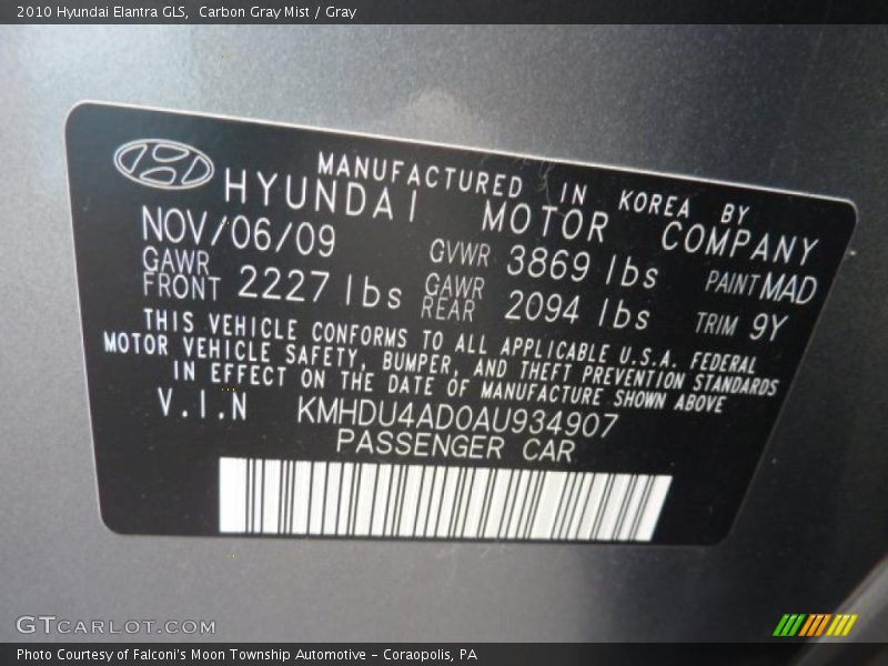 Carbon Gray Mist / Gray 2010 Hyundai Elantra GLS