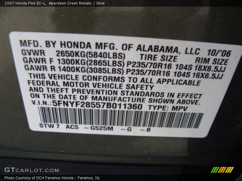 Aberdeen Green Metallic / Olive 2007 Honda Pilot EX-L