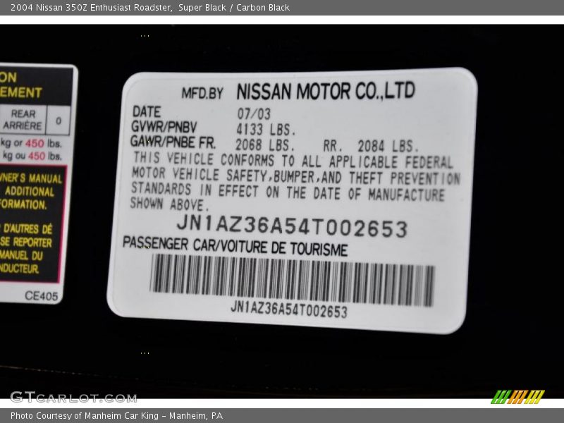 Super Black / Carbon Black 2004 Nissan 350Z Enthusiast Roadster