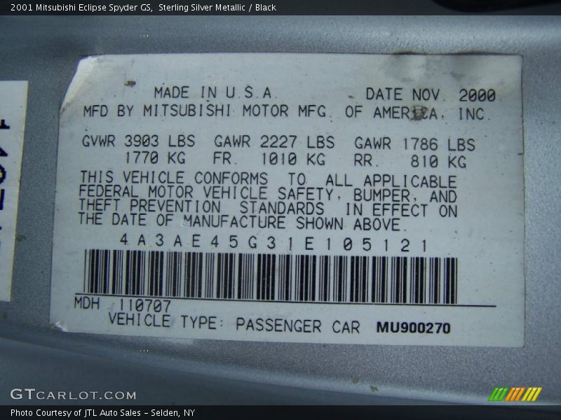 Info Tag of 2001 Eclipse Spyder GS