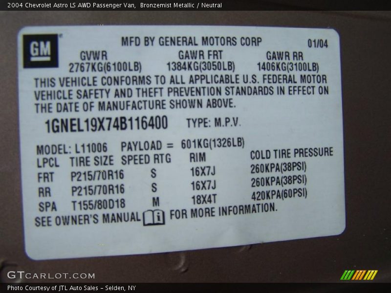 Info Tag of 2004 Astro LS AWD Passenger Van