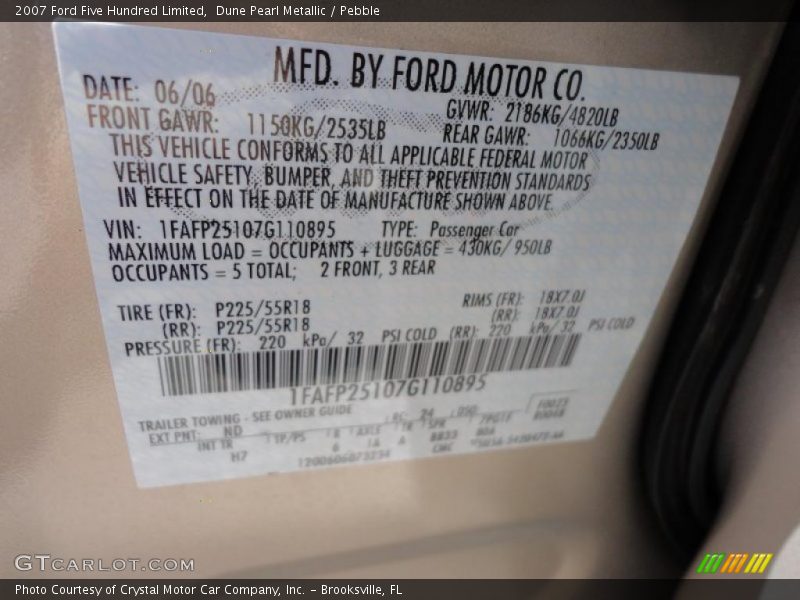 Dune Pearl Metallic / Pebble 2007 Ford Five Hundred Limited