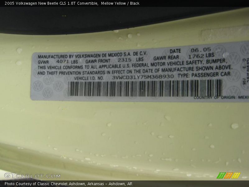 Info Tag of 2005 New Beetle GLS 1.8T Convertible