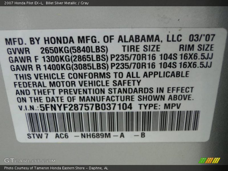 2007 Pilot EX-L Billet Silver Metallic Color Code NH689M