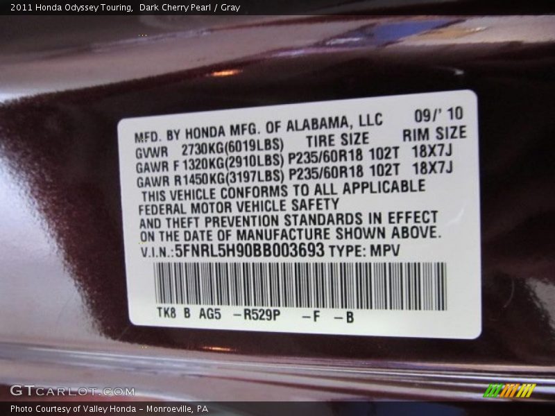 2011 Odyssey Touring Dark Cherry Pearl Color Code R529P