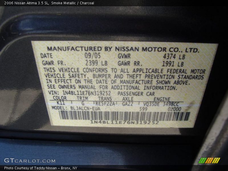 Smoke Metallic / Charcoal 2006 Nissan Altima 3.5 SL