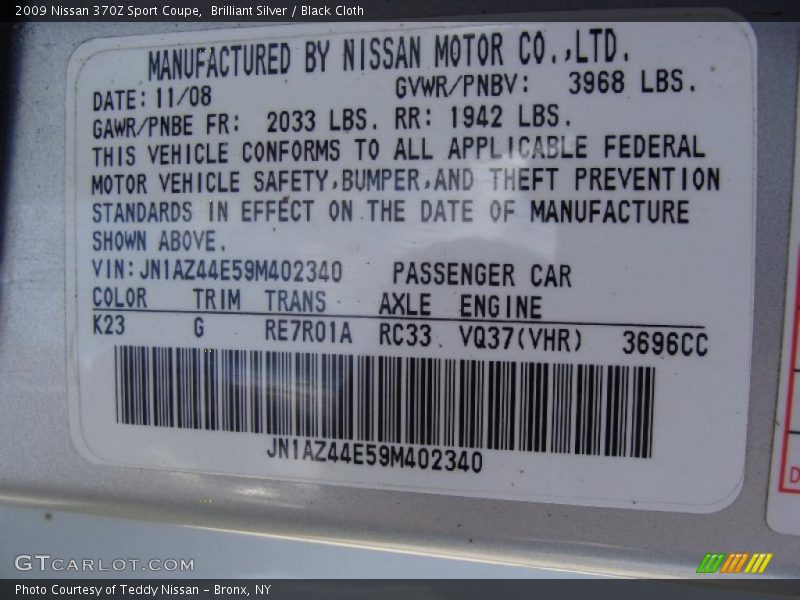 2009 370Z Sport Coupe Brilliant Silver Color Code K23