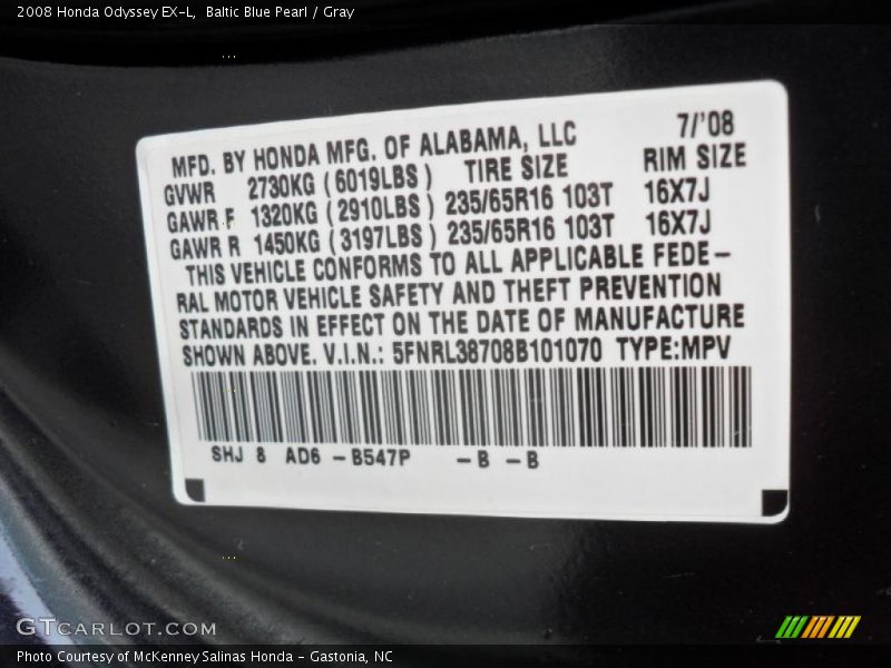 Baltic Blue Pearl / Gray 2008 Honda Odyssey EX-L