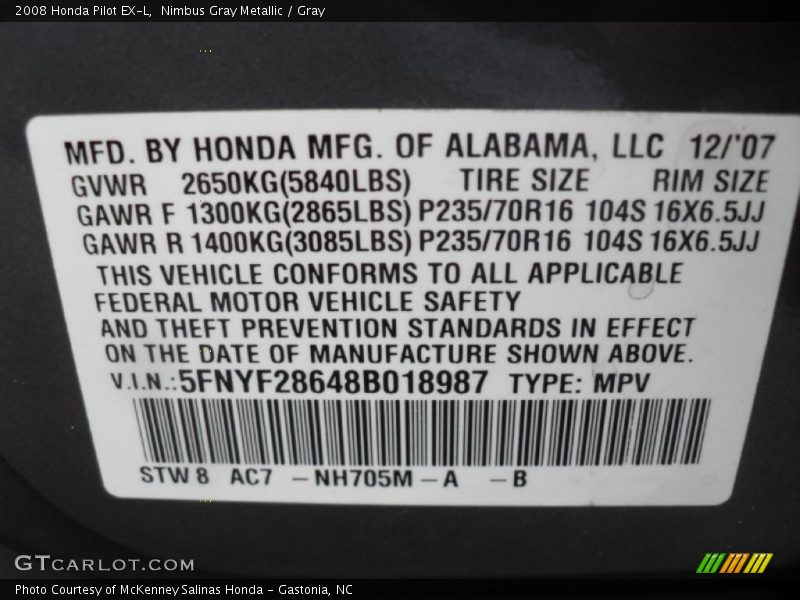 Nimbus Gray Metallic / Gray 2008 Honda Pilot EX-L