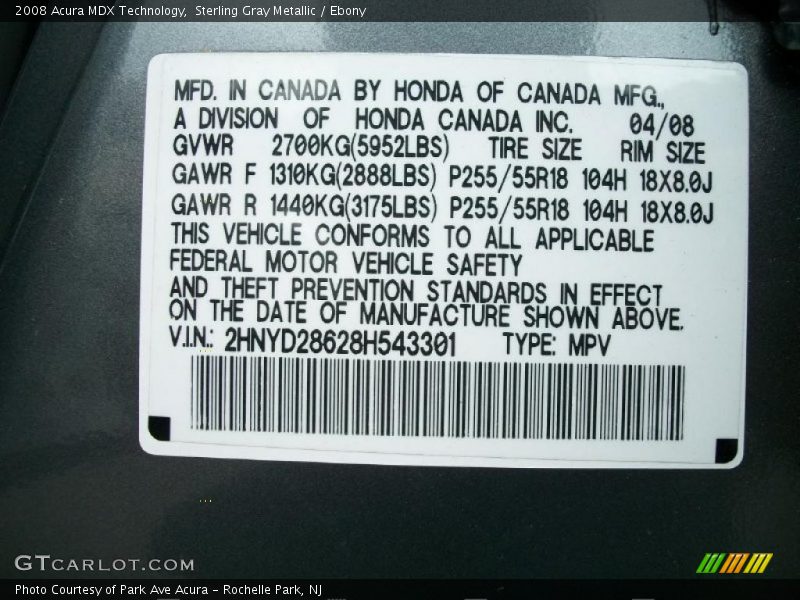 Sterling Gray Metallic / Ebony 2008 Acura MDX Technology