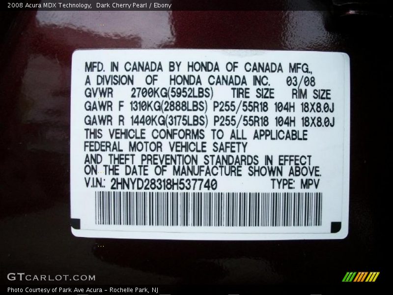 Dark Cherry Pearl / Ebony 2008 Acura MDX Technology