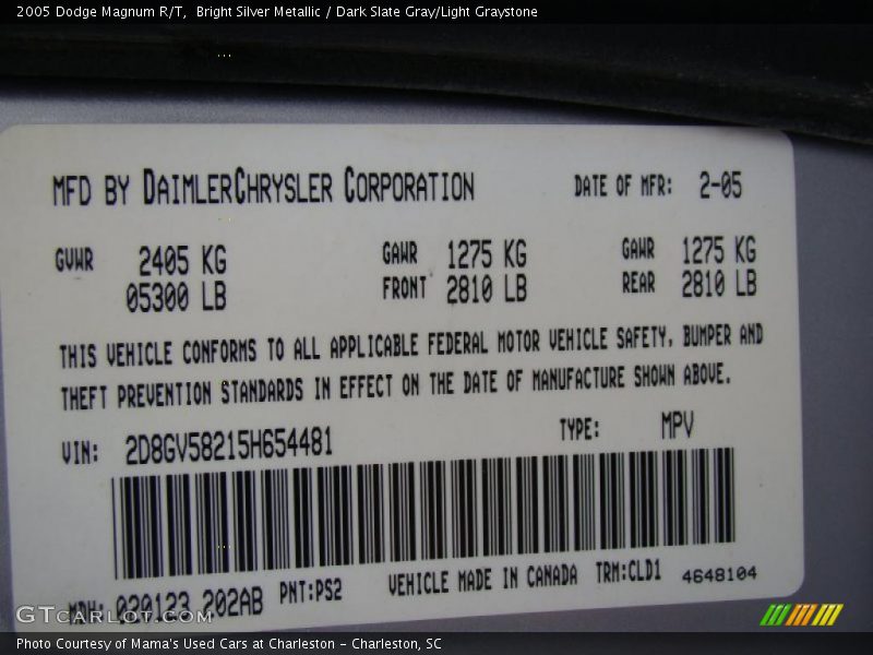 2005 Magnum R/T Bright Silver Metallic Color Code PS2