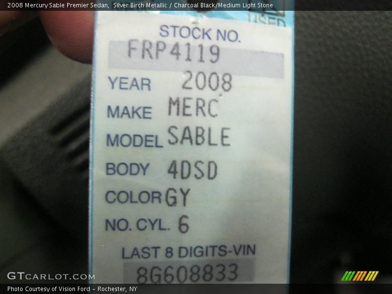 Silver Birch Metallic / Charcoal Black/Medium Light Stone 2008 Mercury Sable Premier Sedan