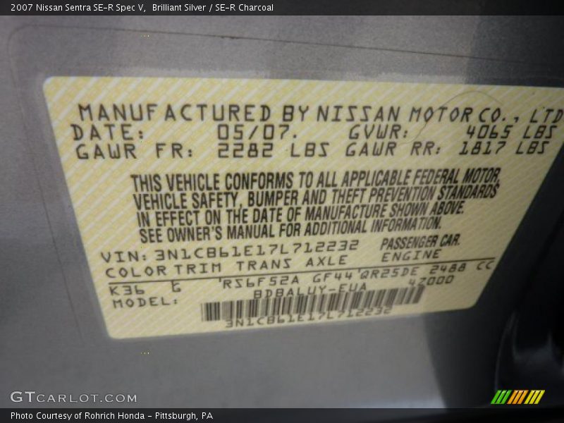 2007 Sentra SE-R Spec V Brilliant Silver Color Code K36
