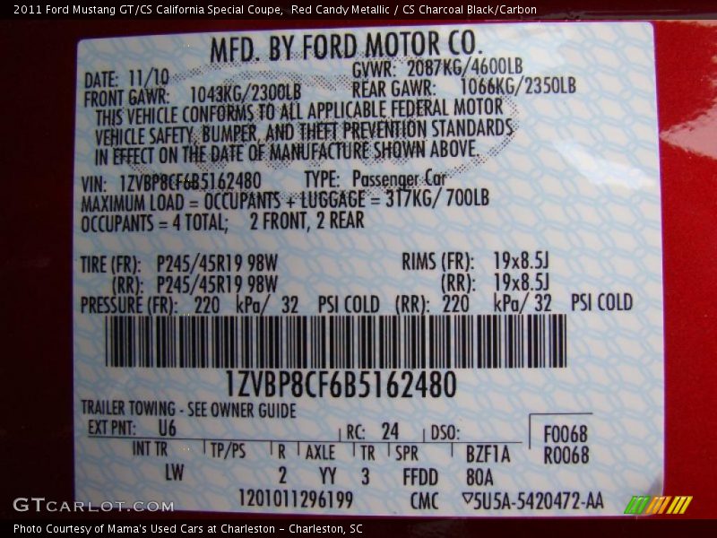 2011 Mustang GT/CS California Special Coupe Red Candy Metallic Color Code U6