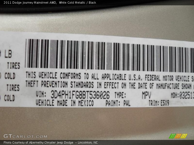 2011 Journey Mainstreet AWD White Gold Metallic Color Code PWL
