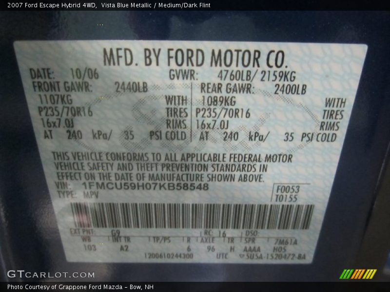 Vista Blue Metallic / Medium/Dark Flint 2007 Ford Escape Hybrid 4WD