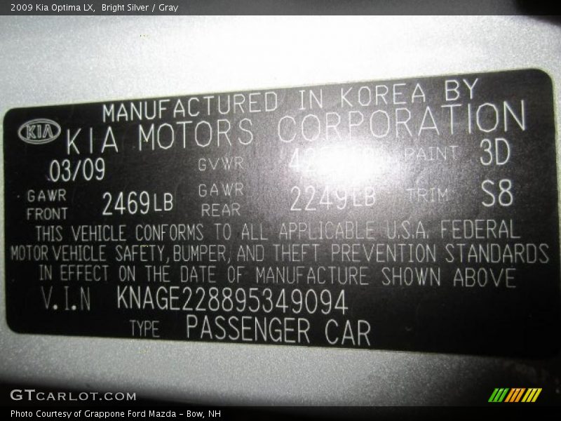 Bright Silver / Gray 2009 Kia Optima LX