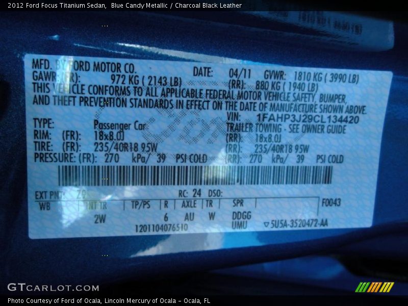 2012 Focus Titanium Sedan Blue Candy Metallic Color Code Z9