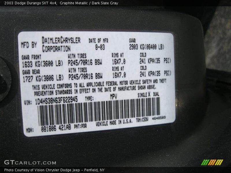 Graphite Metallic / Dark Slate Gray 2003 Dodge Durango SXT 4x4