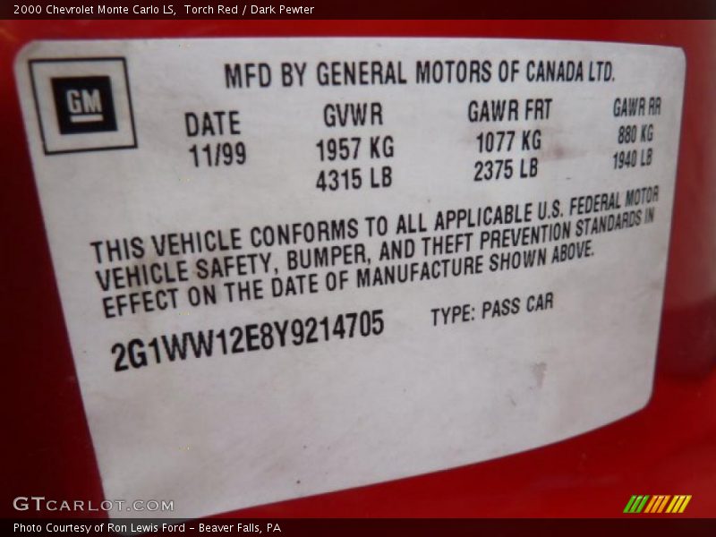 Torch Red / Dark Pewter 2000 Chevrolet Monte Carlo LS