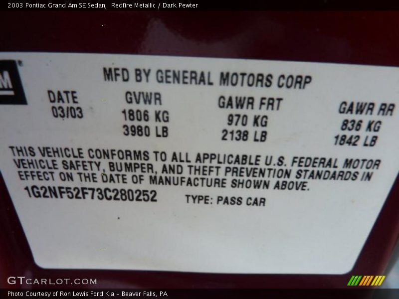 Redfire Metallic / Dark Pewter 2003 Pontiac Grand Am SE Sedan