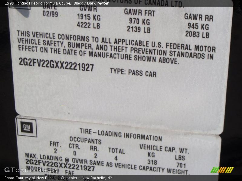 Info Tag of 1999 Firebird Formula Coupe